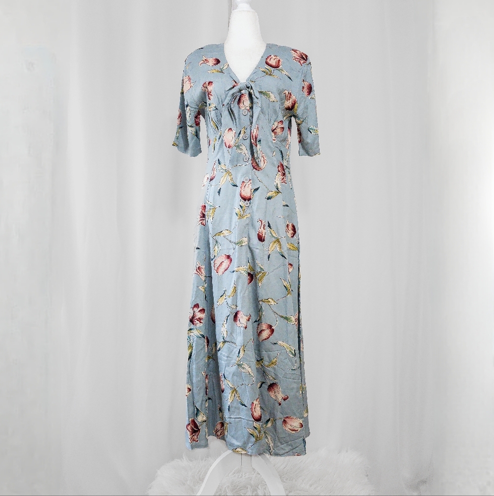 Vintage 90s Floral Short Sleeve Button Up Dress